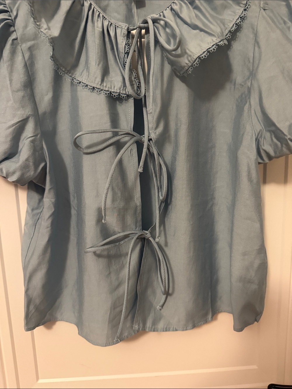 Divided Light Blue Ruffle Tie-Front Blouse - Picture 3 of 5